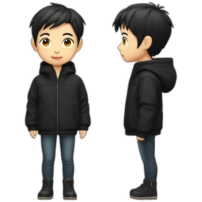 Japanese short-haired Chinese boy wearing a cool black oversize waterproof jacket emoji