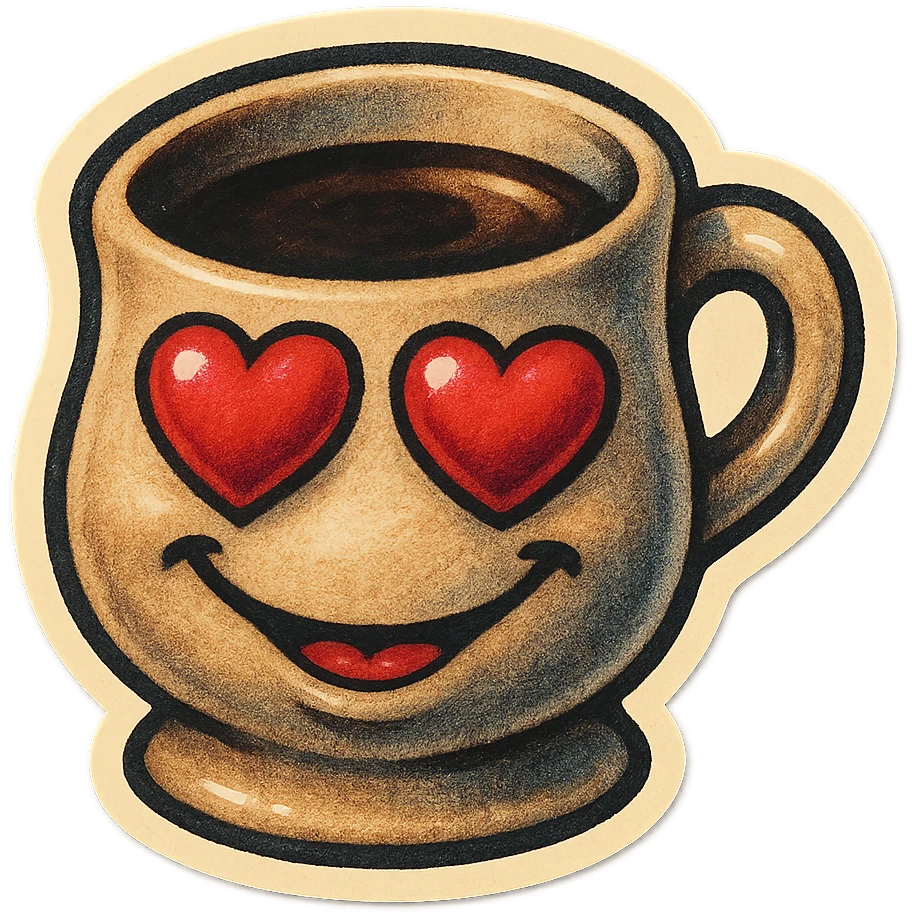 Ink wash style, coffee cup creature, big heart eyes, dopey smile emoji