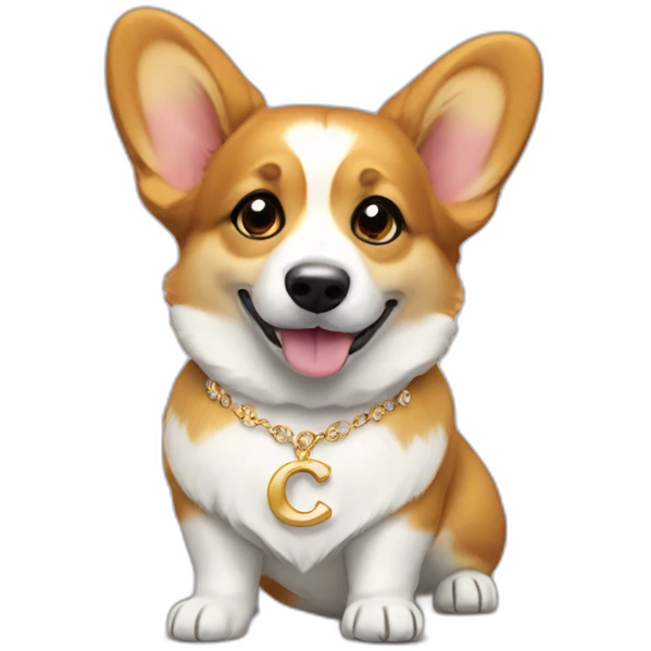 Corgi with gold ear rings and necklace with letter "C" emoji