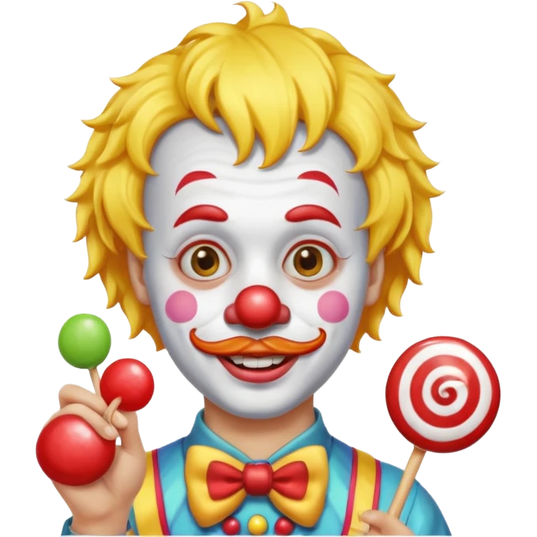 Funny clown — yellow wig, mustache, candy in hand emoji