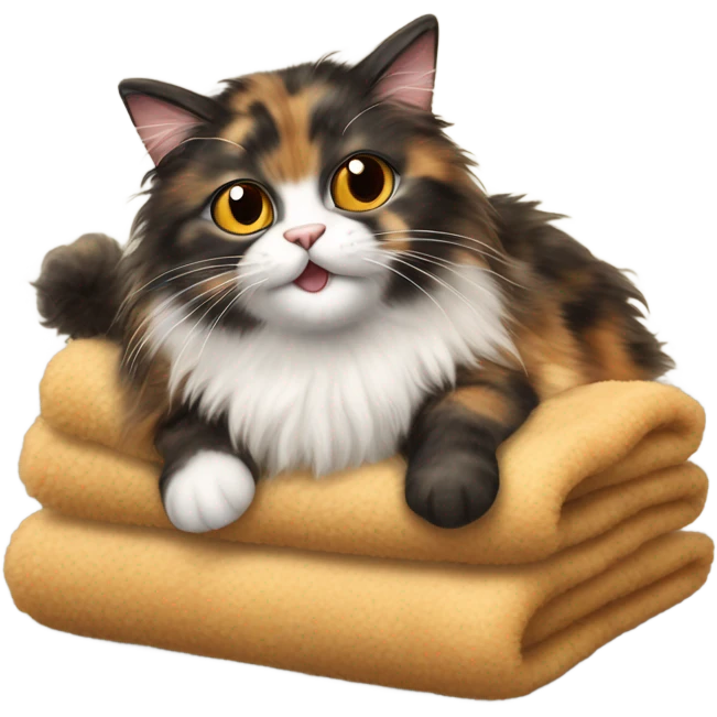 Long hair tortoise shell cat kneading biscuits on a sheepskin throw emoji