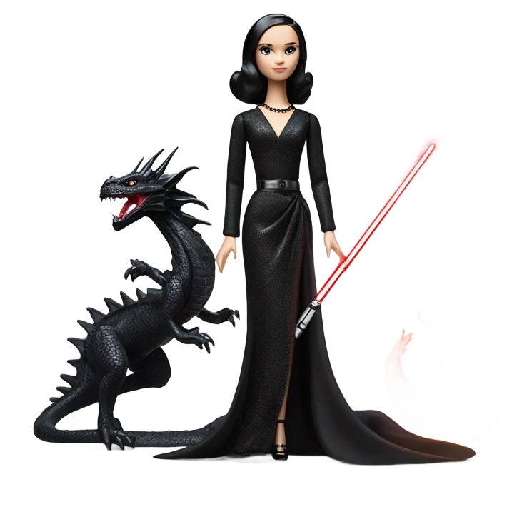 evening dressed, Wednesday Addams Barbie Jedi riding on the back of a very large black shiny evil-looking fire-spewing horned dragon emoji