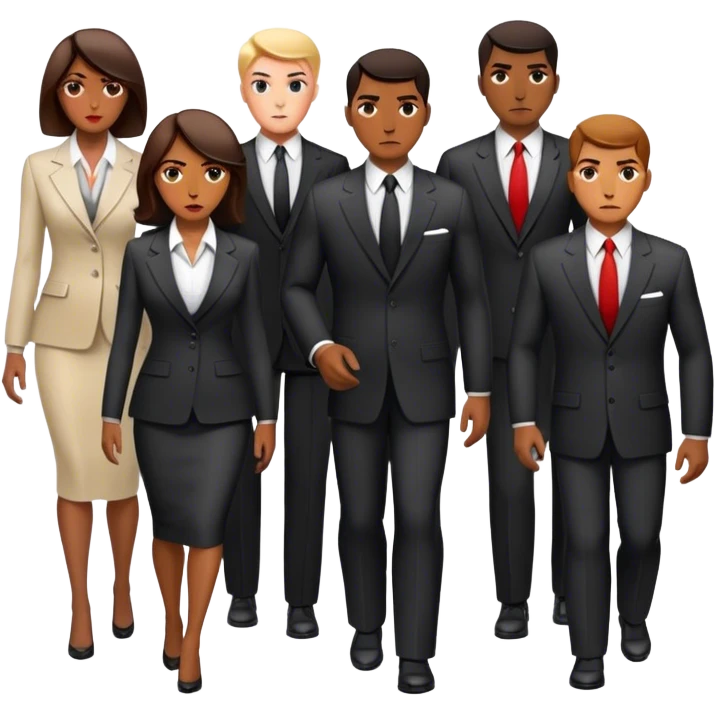 A group of secret intelligence agents in formal suits, with one being a woman and the rest being men. They appear serious, professional, and mysterious, working together as a team emoji