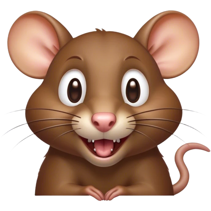 Cinematic Comical Brown Rat Portrait Emoji, Head tilted dramatically with an exaggeratedly amused expression, featuring a striking glossy brown coat with comically large whiskers and wide, expressive eyes filled with playful disbelief, Simplified yet hilariously expressive features, highly detailed, glowing with a slightly sassy glow, high shine, dramatic yet playful, stylized with an air of cheeky urban mischief, soft glowing outline, capturing the essence of a spirited and over-the-top rat that looks ready to scamper its way into internet fame instantly! emoji