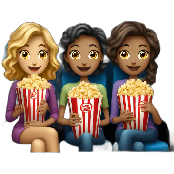 three beautiful ladies watching movie at the cinema eating popcorn, dark background emoji