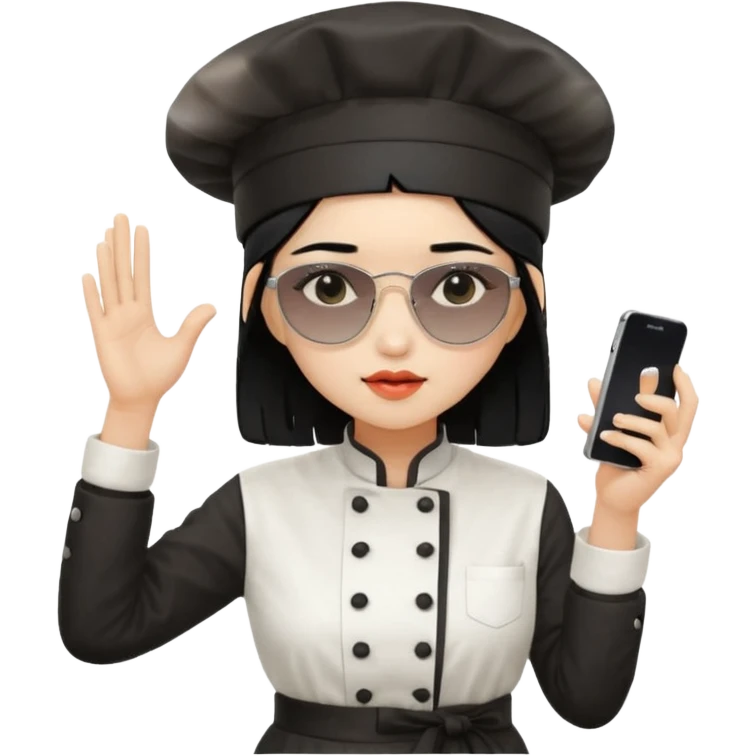 ["A sad woman with light skin, straight hair, wearing a chef hat and sunglasses, dressed in K-pop fashion, is dancing while holding a phone."] emoji
