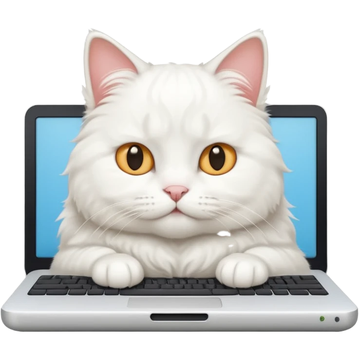 white cat laying on a bed, sitting at a computer, simple and expressive emoji