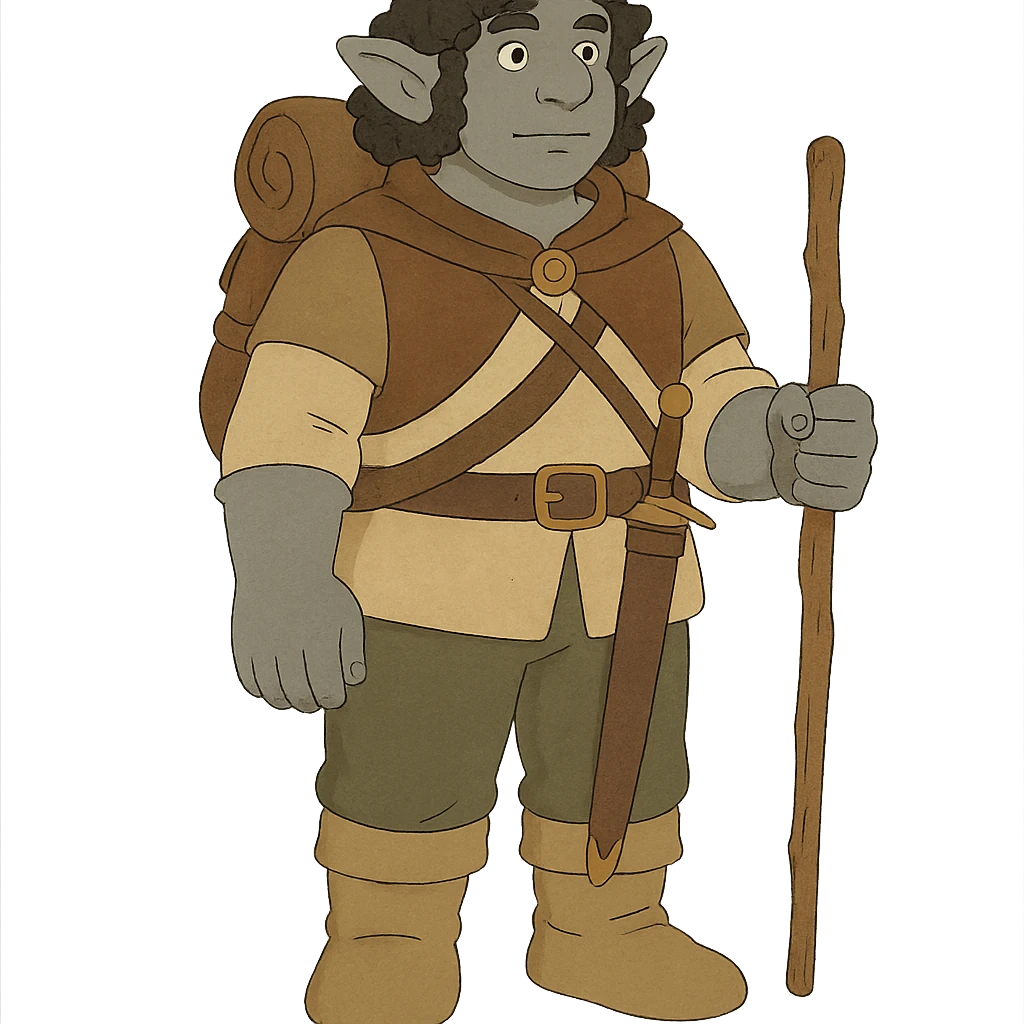 ghibli style DnD firbolg with grey skin and black curly hair, no background emoji