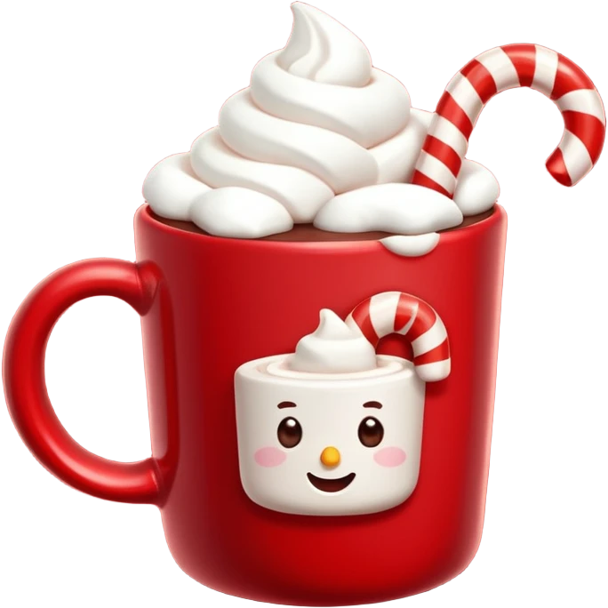 hot chocolete with marshmallows in red christmas mug and candy cane emoji