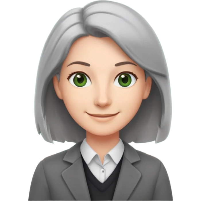 smiling English teacher with airtouch hair and grey-green eyes standing in front of a classroom with chalkboard emoji