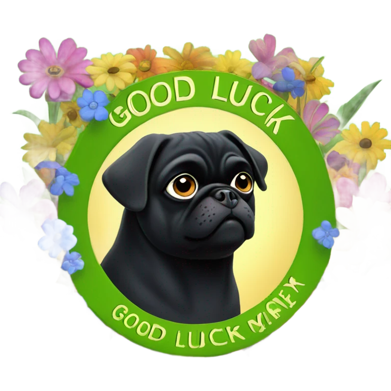 Black pug , surrounded by flowers, holding a green sign that says “good luck”  emoji