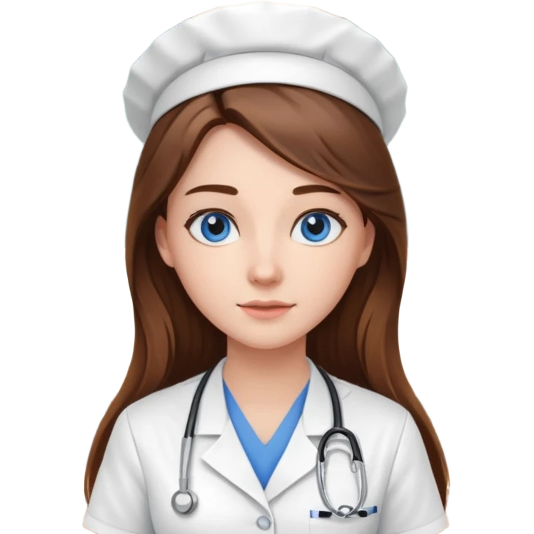pretty female nursing student with long brown hair, blue eyes inside a classroom at university emoji