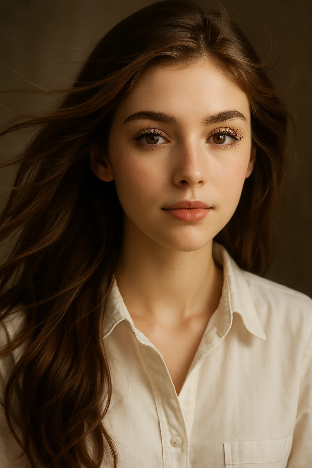 girl with flowing brown hair, white shirt, long eyelashes, pretty face, portrait, detailed, beautiful lighting emoji