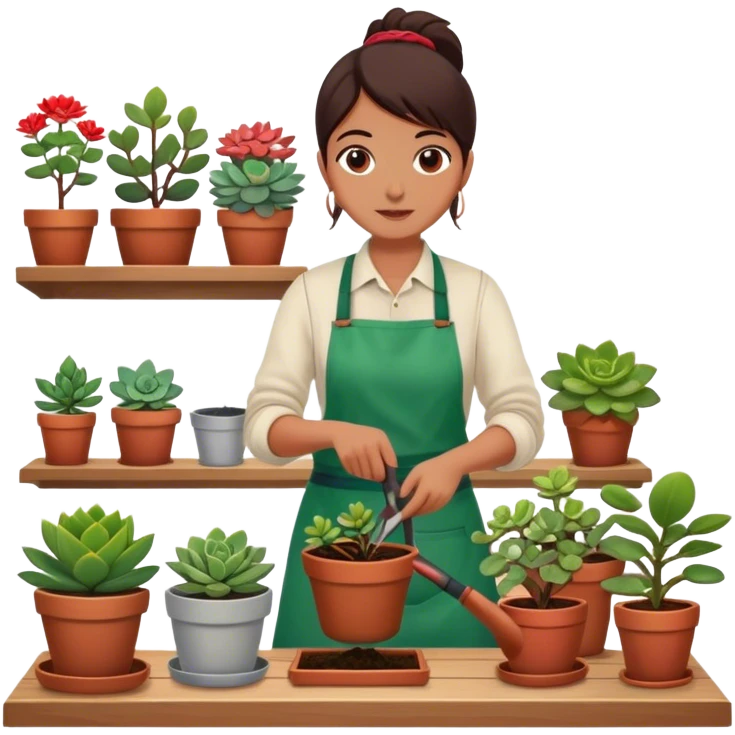 Close-up of a person planting a sapling in a pot. Around, potted plants and succulents with vibrant leaves and flowers. Sunlight filters through the window, casting soft shadows. Cozy indoor space with gardening tools on a wooden table. emoji