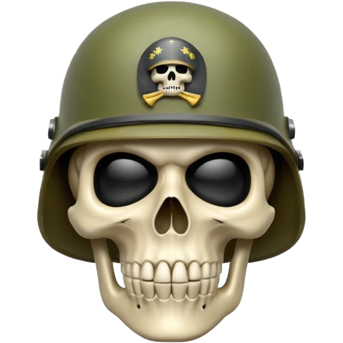 A bold emoji-style skull sushing wearing a realistic army helmet, . Clean vector style, high contrast, centered composition, modern emoji aesthetic, detailed helmet texture, confident and intense expression, 3D glossy finish, high resolution , no body , emoji