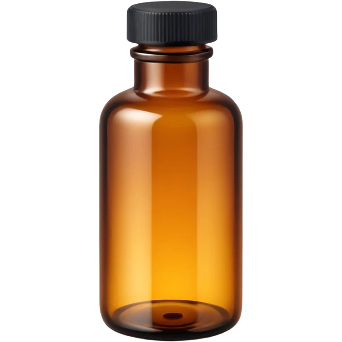 small cylindrical amber glass bottle with narrow neck and tightly sealed black or white screw cap, translucent with subtle glow, apothecary style, no label or extras, soft lighting, subtle shadows, emoji scale emoji
