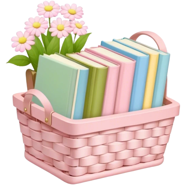 Pastel pink pastel yellow pastel blue and matcha colored books in a basket with flowers emoji