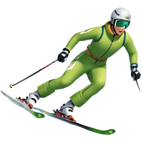 An icon featuring snowy peaks, pine trees, and a picturesque mountain landscape with a skier racing down a snow-covered slope. The sky is blue with soft clouds, capturing the thrill and beauty of alpine skiing. Transparent background highlights the excitement and serenity of winter sports. emoji