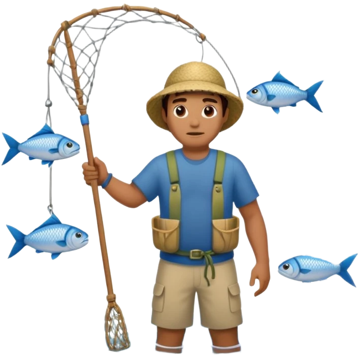 A Polynesian fisherman standing in the water with a net full of fish. The fisherman has empty hands and is standing in the water. emoji