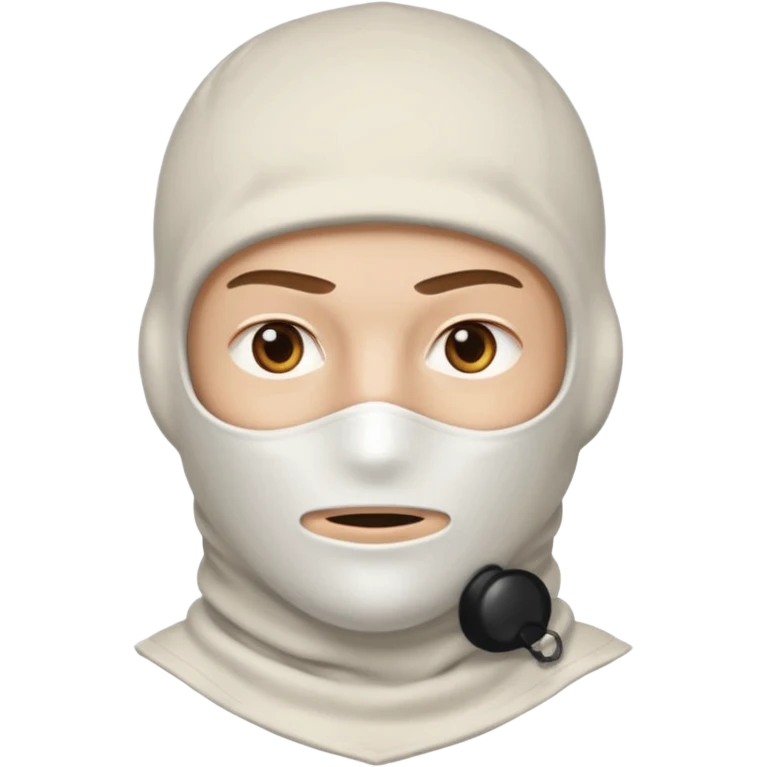head of a white guy with brown eyes wearing a white balaclava, with a serious expression emoji