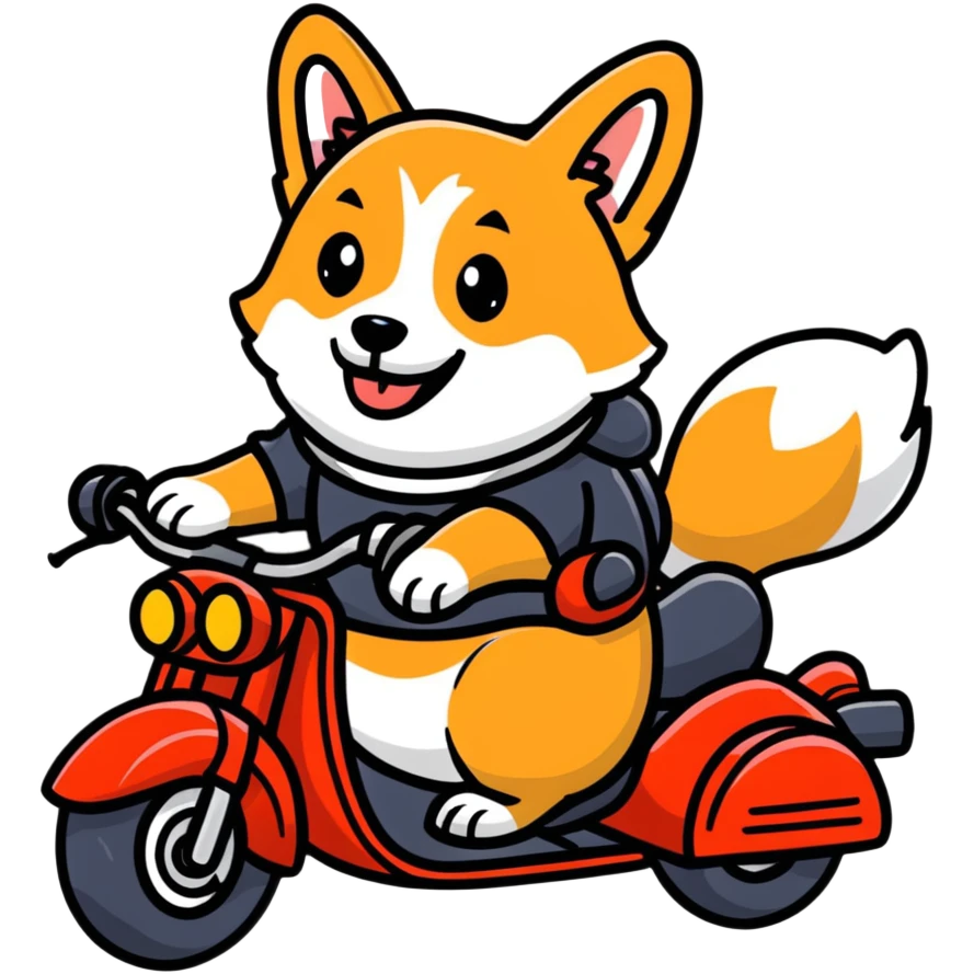 smiling corgi riding a motorcycle emoji