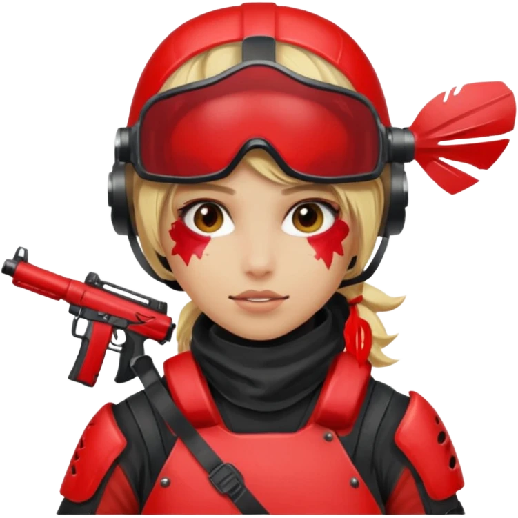 blond girl playing paintball with red paintball face gear emoji