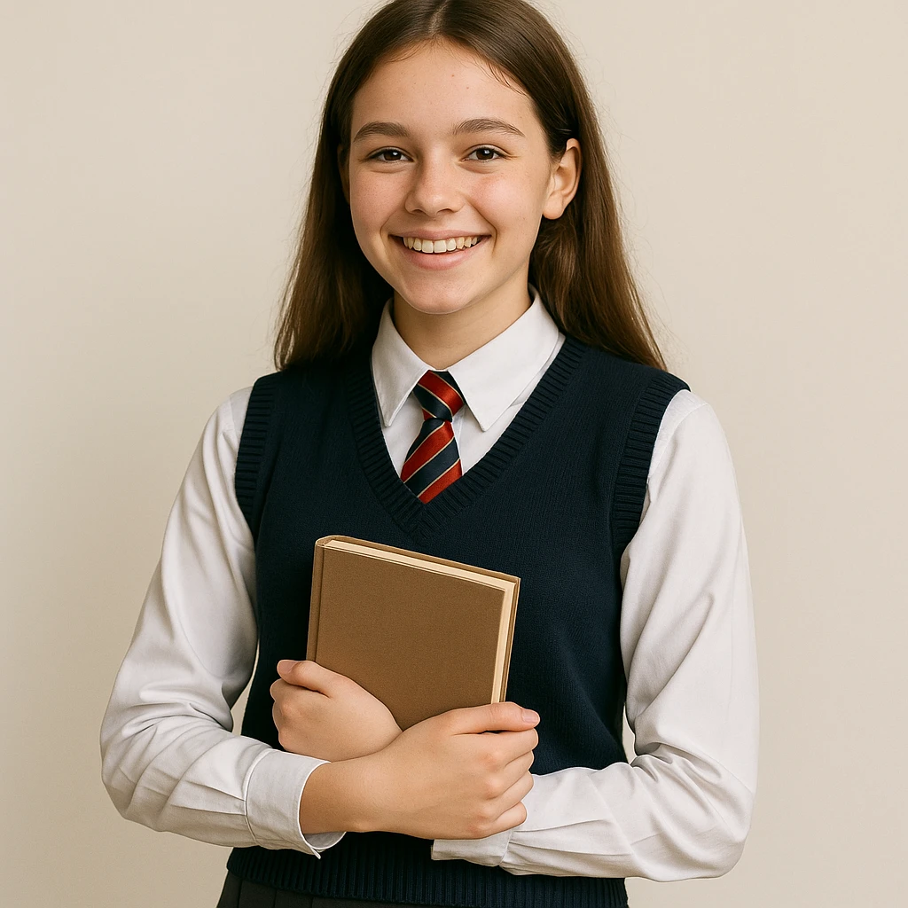 teenage girl in a classic school uniform, smiling, holding a book emoji