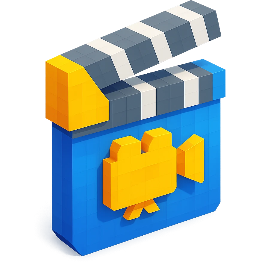 voxel style movie clapperboard with a camera icon, isometric view emoji