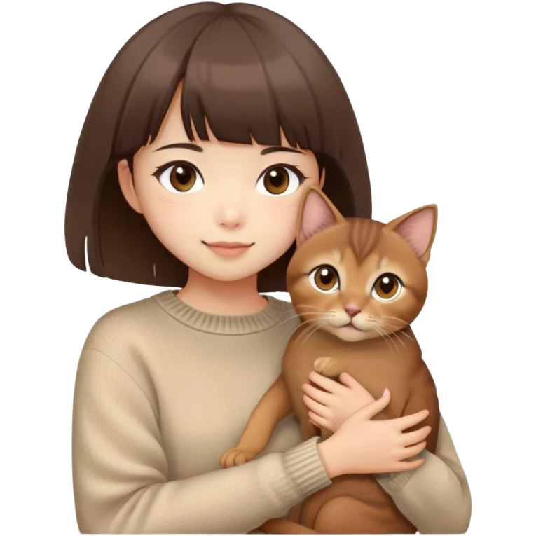 Cute East Asian girl, fair skin, big brown eyes, straight bangs, inward brown bob. Wearing a soft beige knit sweater, holding a fluffy Abyssinian cat in arms, gentle smile emoji