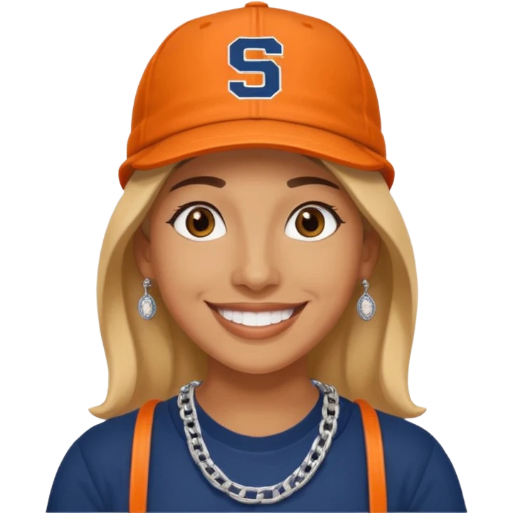 Me smiling and on my cell wearing Syracuse University hat and chain necklace. emoji