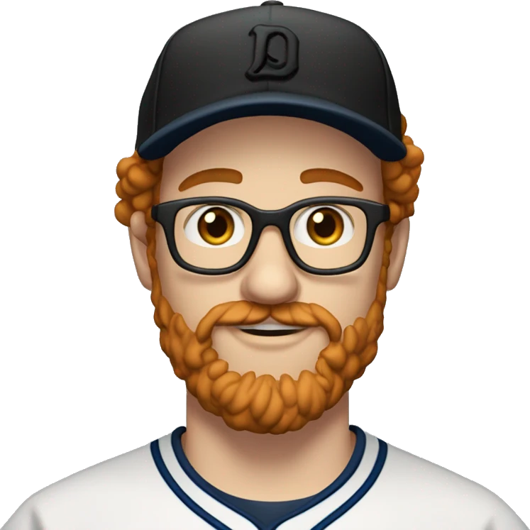30 years old, male, short curly red hair, glasses, black baseball hat, blue eyes, pale complexion, thick beard and thin mustache emoji