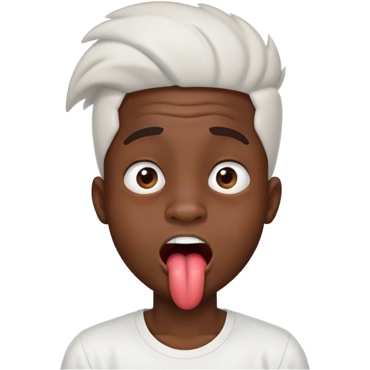 A black boy with Freeform’s with a white shirt on with his tounge out and his face making a funny face with a big nose emoji