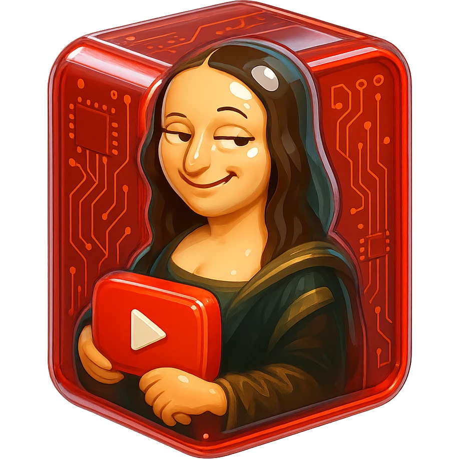 Mona Lisa with a playful sarcastic smile, holding a red YouTube play button, in a shiny red glossy circuit style box emoji