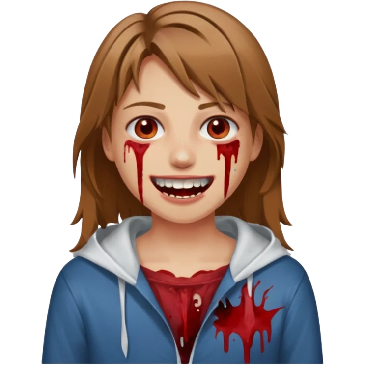 парень с русыми волосами средней длины; белая кожа; белые глаза; открытая улыбка, окровавленные зубы; emoji