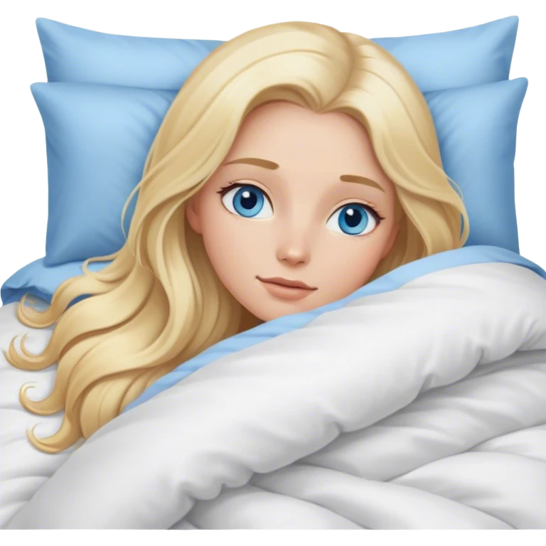 Cinematic realistic blonde with long hair, blue eyes and delicate features, lying in a cozy, soft bed, covered with a duvet emoji