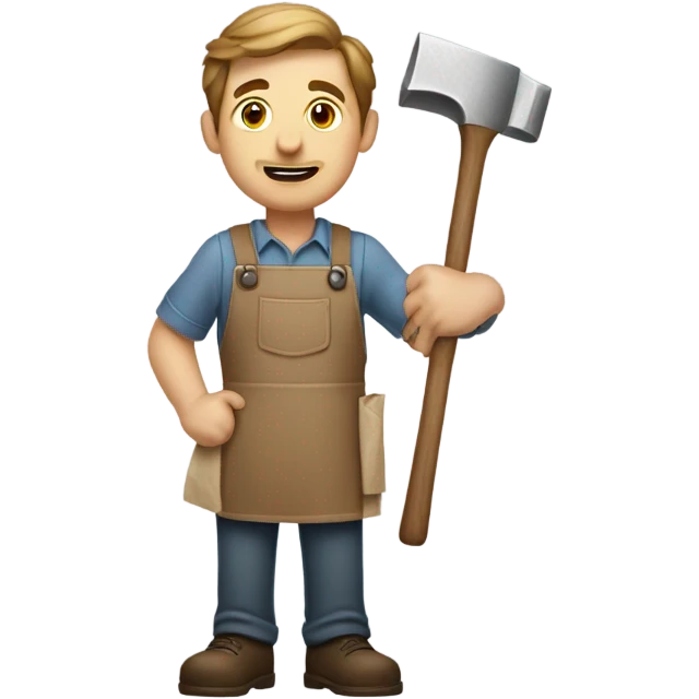 "A sturdy man with rough hands, short light brown hair, and a friendly, naive expression. He wears a work apron over simple clothes and holds a hammer or wood in a rustic workshop." emoji