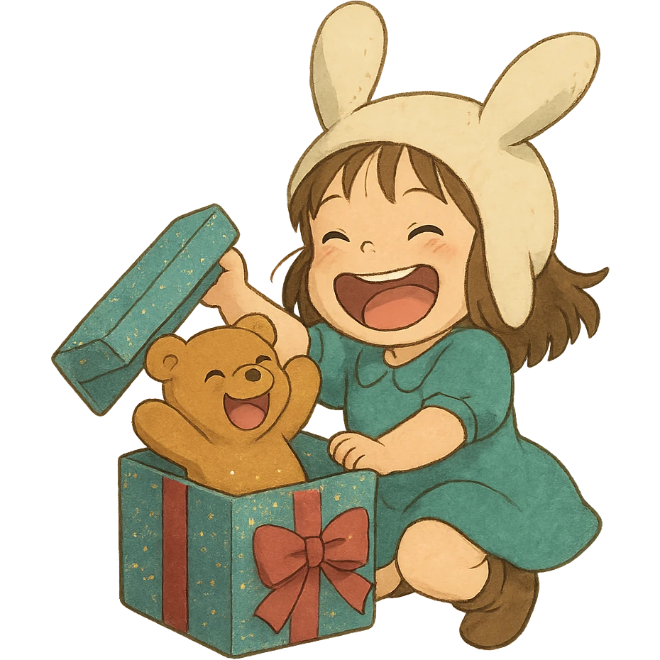 full-body laughing chibi girl in bunny hat opening glittery gift box with laughing teddy bear inside, soft Ghibli style emoji
