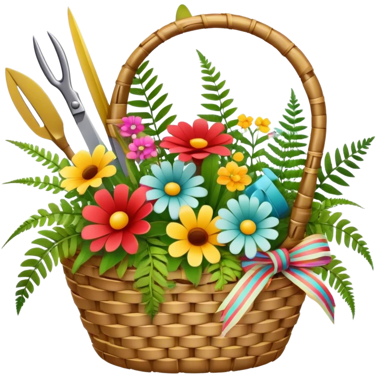 Icon for Floristry: a woven basket with flowers, reeds, ferns, bright ribbons and a small plush toy. Add scissors and knife. The icon should represent creativity in flower arrangement and decorative design. Transparent background. emoji