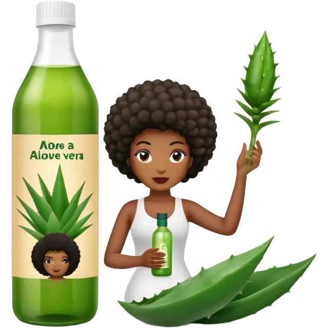 Bottle of Aloe Vera Pre-Poo. The label on the bottle should have a picture of a black woman with afro holding aloe. vera leaf. emoji