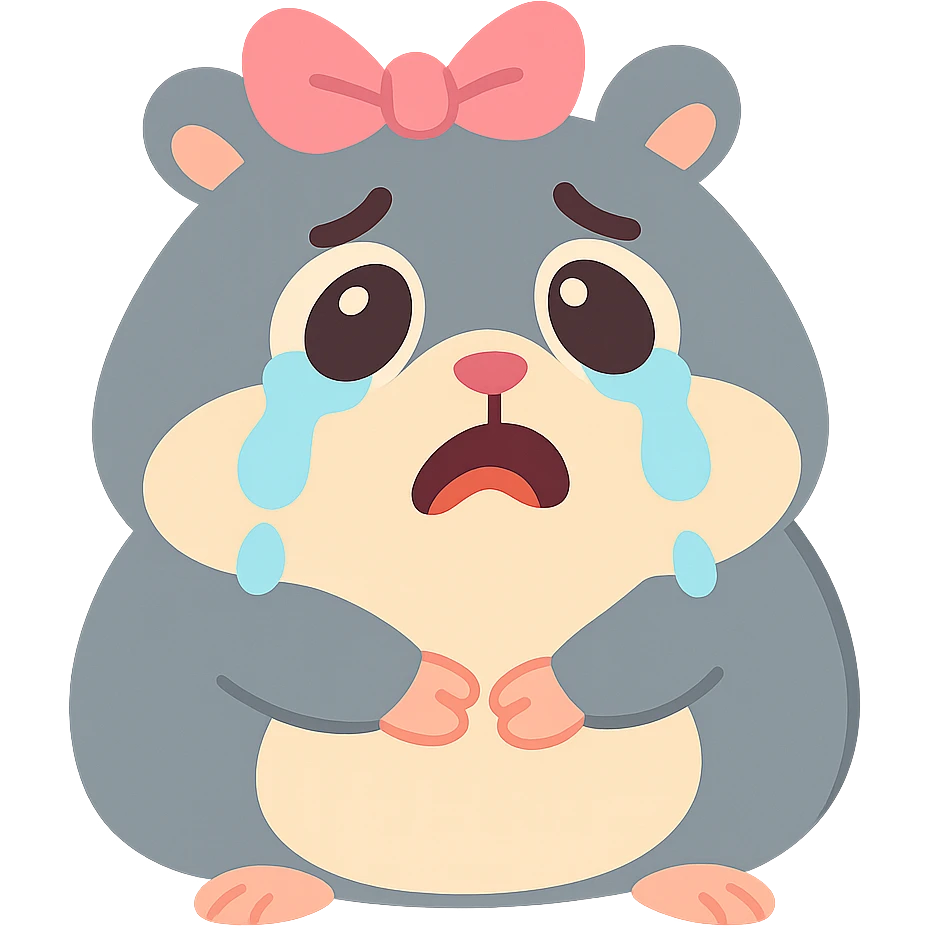 a small, round gray hamster with tears in its eyes and a pink ribbon on its head, soft pastel style emoji
