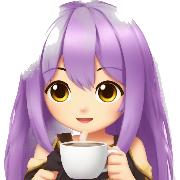 plutia from hyperdimension neptunia drinking a coffee, anime, chibi, colorful emoji