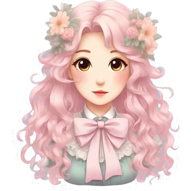 Gorgeous pastel anime style lady with blushing face and flowers and laces and bow ties and pretty hair aesthetic trending style emoji
