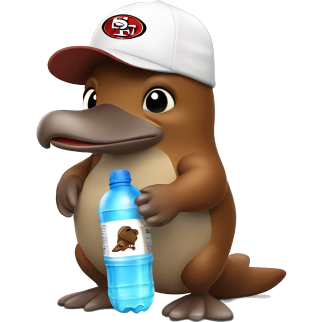 brown cartoon platypus wearing a white 49er hat holding water bottle emoji