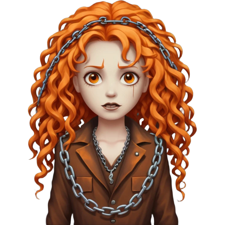 cinematic Megadeth - iconic corpse made of rusty metal with chains on its teeth, huge curly orange hair emoji