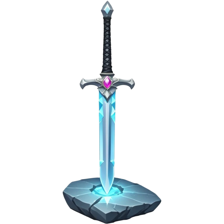 Shining silver sword with jeweled hilt, stuck in a stone, glowing aura.  emoji