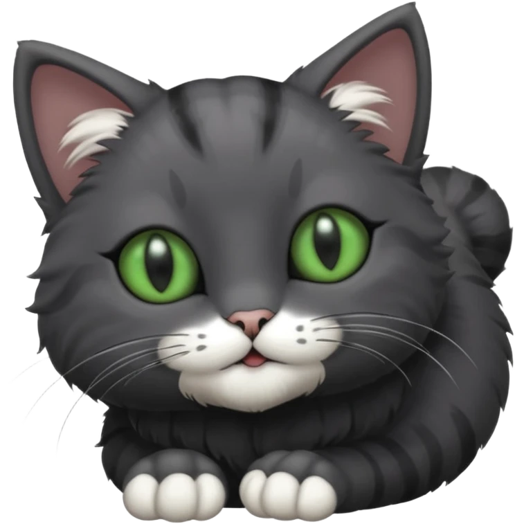 solid dark grey cat with green eyes, completely solid grey face, white toes/paws playfully rolling upside down emoji