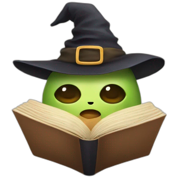 Tofu and avocado reading a book with a witch hat emoji