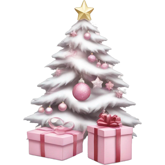 Light pink Christmas gifts under a white Christmas tree  emoji