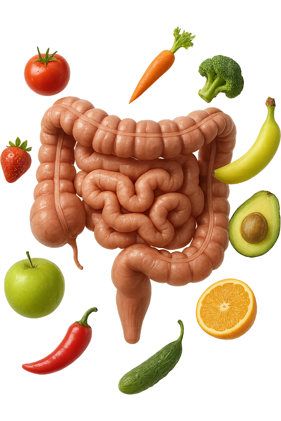 frutta e verdura fluttua intorno ad un intestino umano anatomico realistico, iperrealistico 4k emoji