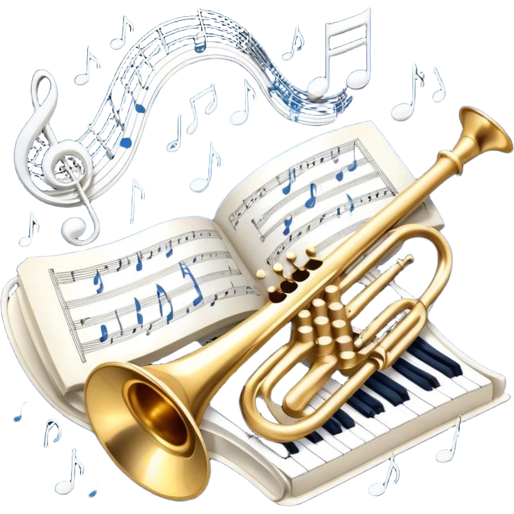 Create an elegant and refined emoji that represents orchestration and arrangement. The design should feature a musical score or sheet music with various orchestral instruments like a violin, a trumpet, and a grand piano subtly integrated into the composition. Add a conductor's baton, symbolizing the guiding hand of orchestration, and flowing musical notes that move between the instruments. Use rich, classic colors like gold, silver, and deep blue to evoke the sophistication of orchestral music. The background should be transparent, with a touch of intricate details to represent the complexity of orchestration. emoji